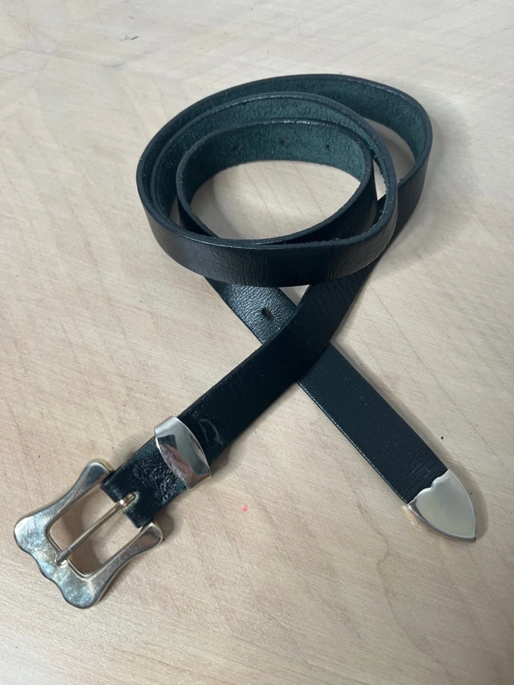 Thin Black Leather Belt with Silver Tone Hardware Distinctive Buckle and tip M